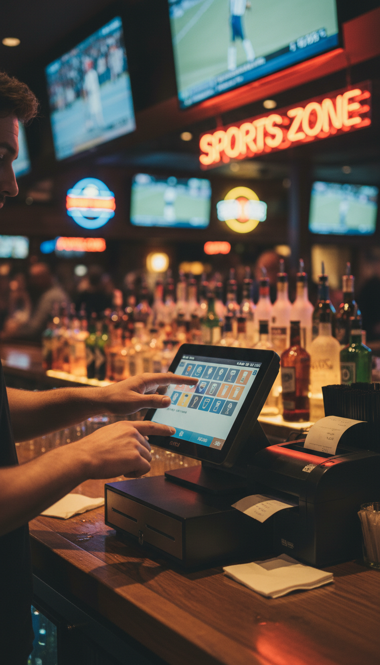 Integrated systems allow for automated repayment that scales naturally with your daily sales volume. A bartender using a compact integrated POS system to process orders in a busy sports bar setting.