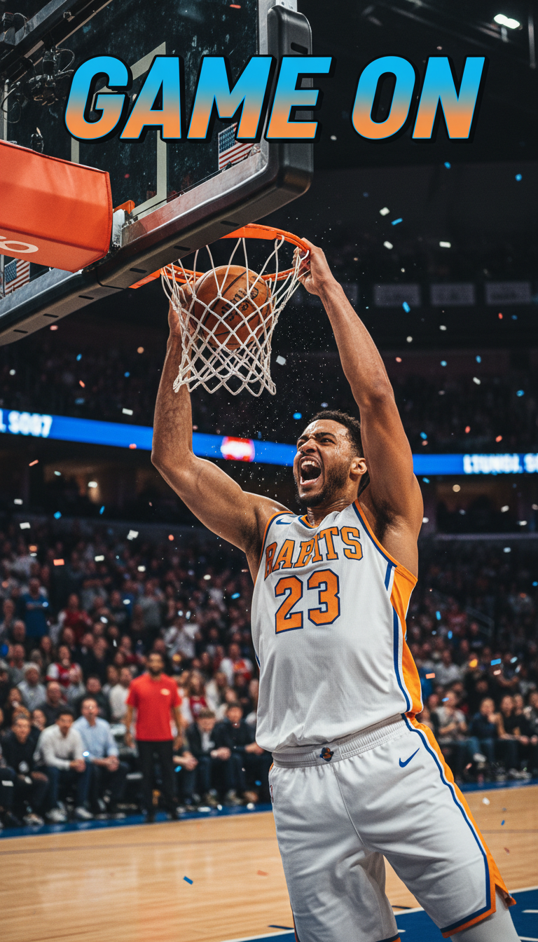 The Raptors' community is one of the most active digital fanbases in the NBA. A close up action shot of a basketball player performing a dunk capturing the energy of a Toronto game.