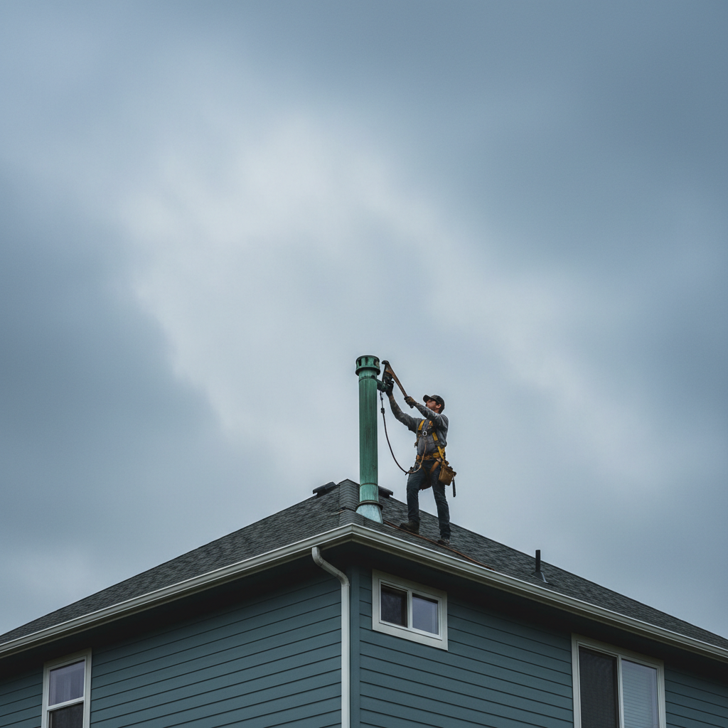 Professional installation requires working at heights and strict adherence to safety protocols. Licensed electrician wearing a safety harness working on a residential roof service head during an installation.