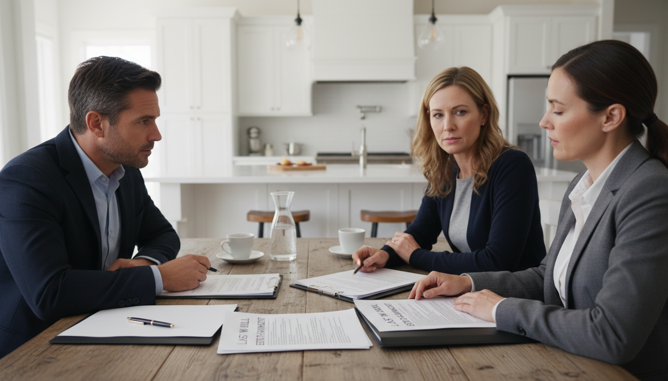 Mediation and stipulated agreements can save parents time and emotional distress during the modification process. A couple reviewing legal documents at a table with their attorney to reach a child support agreement.