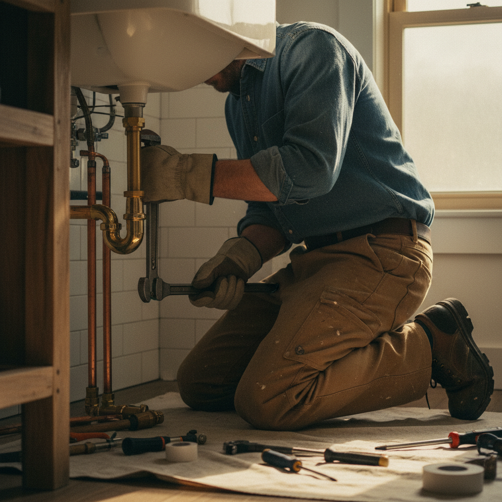 Catching small drips early prevents massive structural damage and mold growth. A plumber meticulously examining copper pipes under a residential sink to identify small leaks.