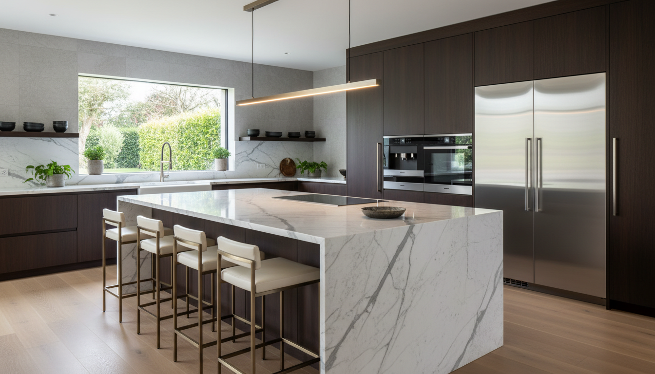 A well planned layout allows for seamless transitions between prep, cooking, and cleanup zones. Modern luxury kitchen interior with a large island and high end appliances organized into functional zones.