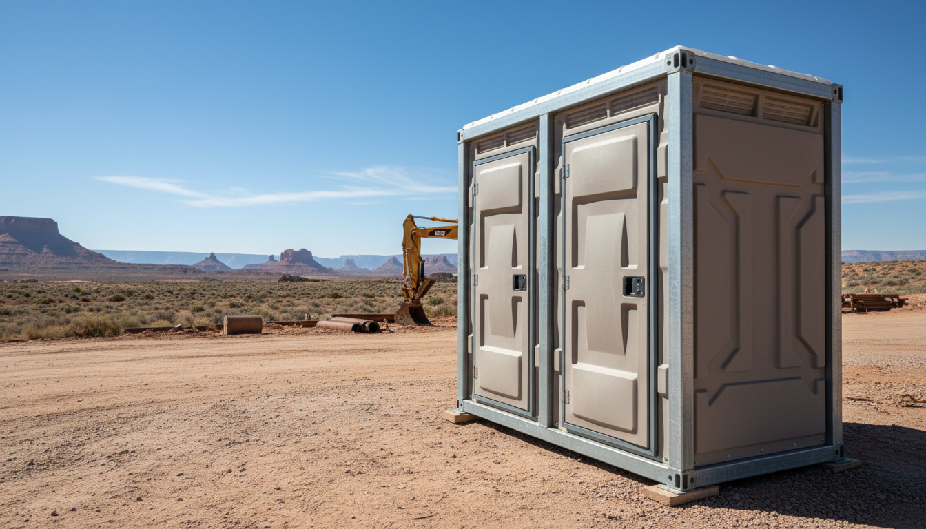 Standard units offer the durability and portability needed for rugged Utah worksites. A clean and sturdy portable restroom unit positioned at a Utah worksite with a desert mountain background.