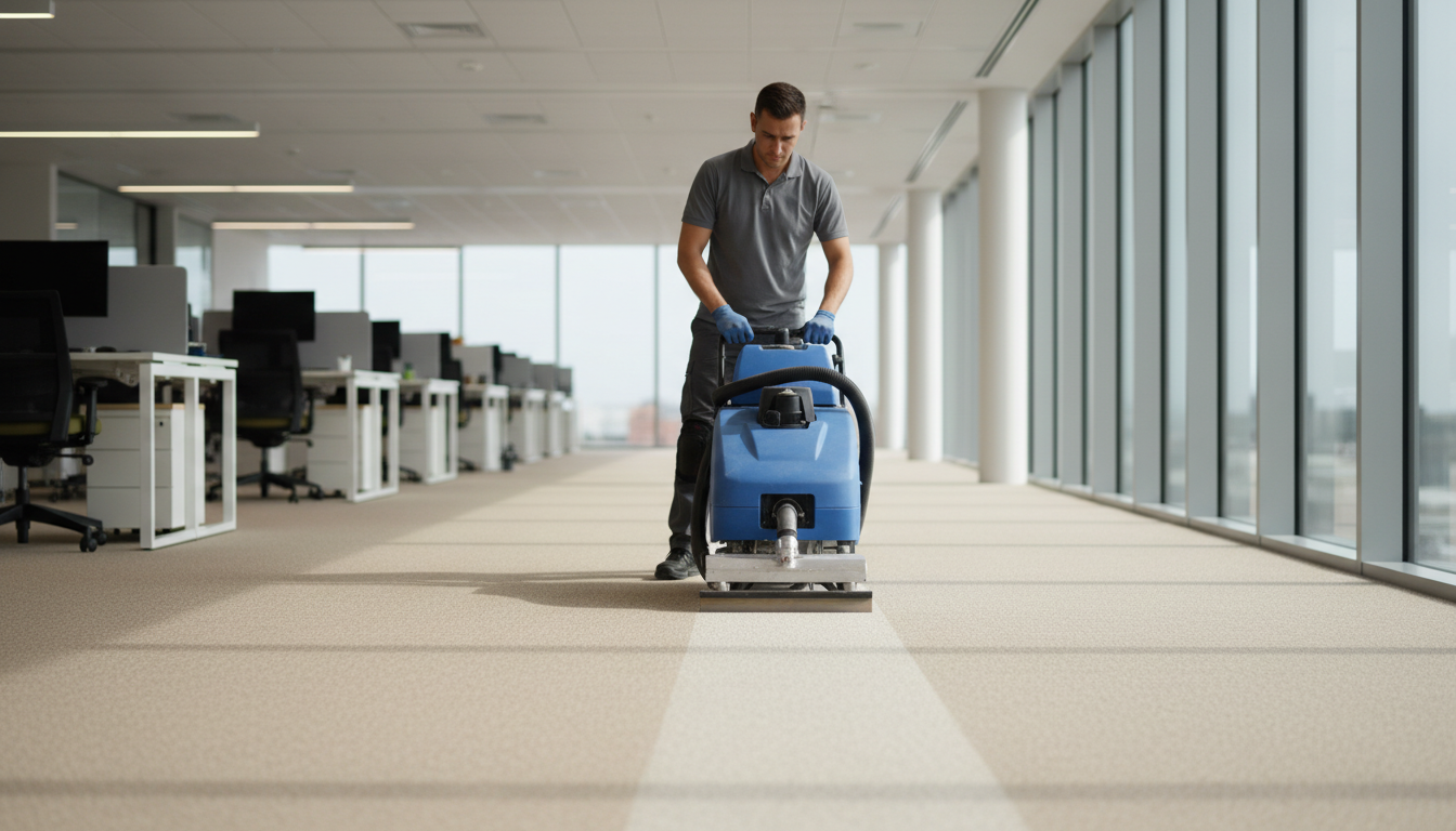 Specialized services like deep carpet extraction are often priced as project-based add-ons. Professional carpet cleaning technician operating an extraction machine on a large commercial office floor.