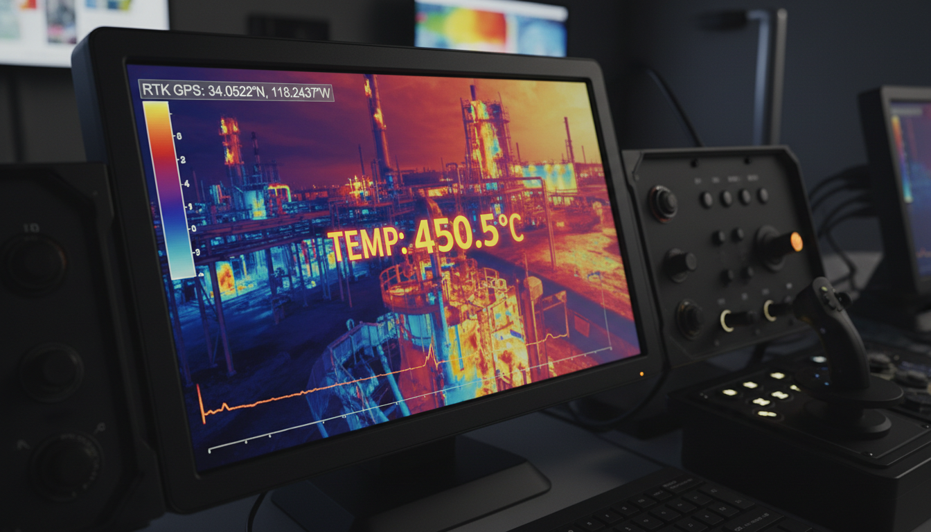 Annotated thermal reports include GPS-tagged defect locations and severity ratings for engineering review. Thermal imaging display screen showing temperature gradient data with red hotspots and blue cool zones on industrial equipment