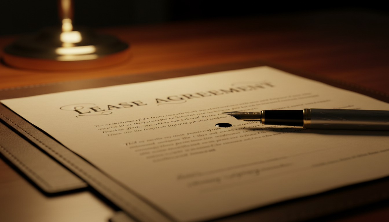 Off-market deals rely on the gravity of personal trust and long-standing professional bonds. A lease document and fountain pen on a mahogany desk, lit by a warm desk lamp.
