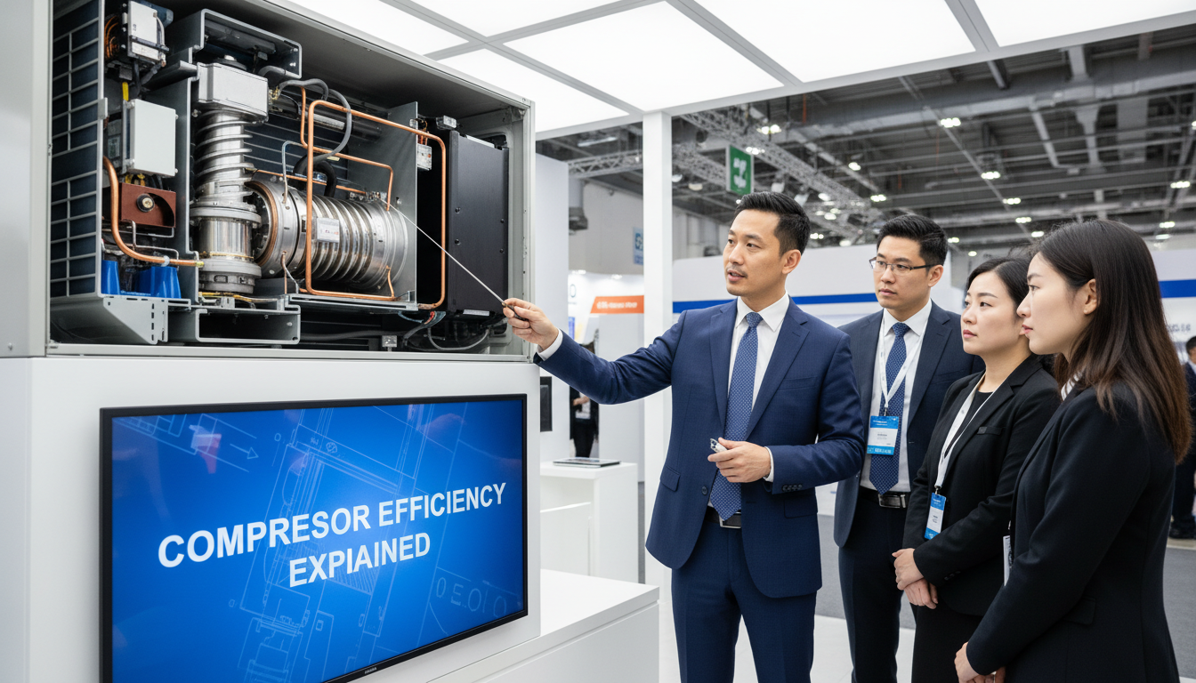 Technical experts explain the inner workings of natural refrigerant compressors to trade show visitors. Engineer in business attire pointing at the internal compressor components of a cutaway air conditioning and heat pump unit