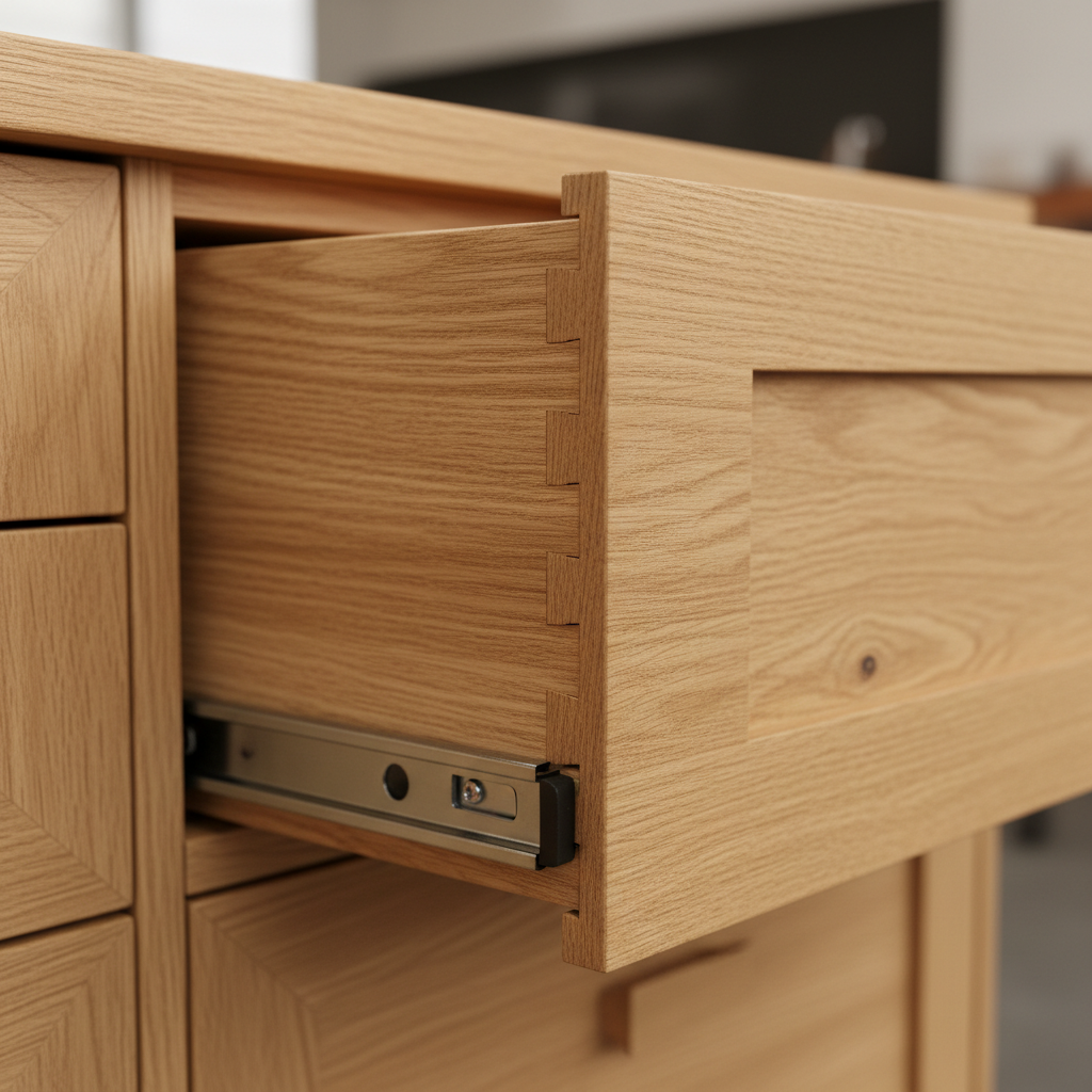 Functional hardware like soft-close hinges can transform the daily experience of your kitchen. Close up of a soft close drawer mechanism and dovetail joinery on a custom kitchen cabinet.