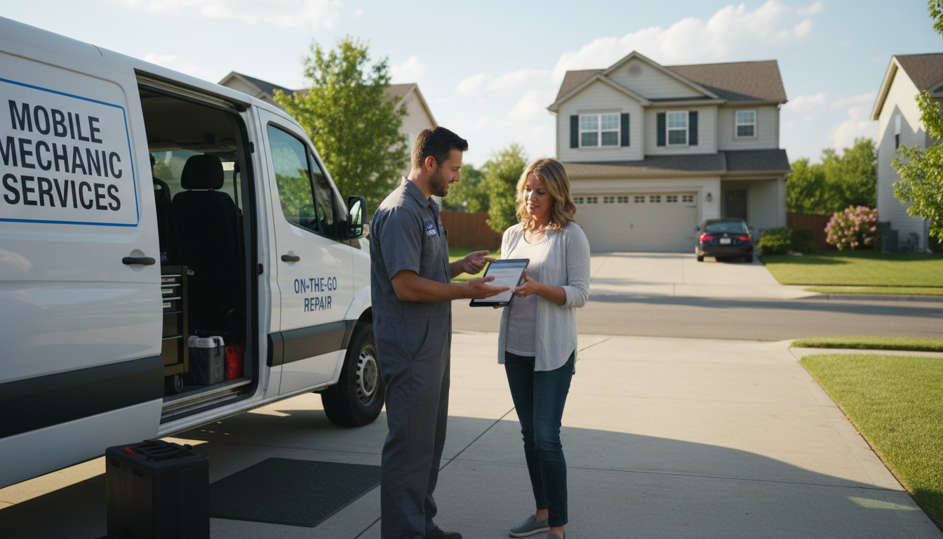 Mobile service eliminates the risk of driving a vehicle with compromised brakes across Hampton Roads. A mobile mechanic in a residential driveway discussing brake service options with a local customer.