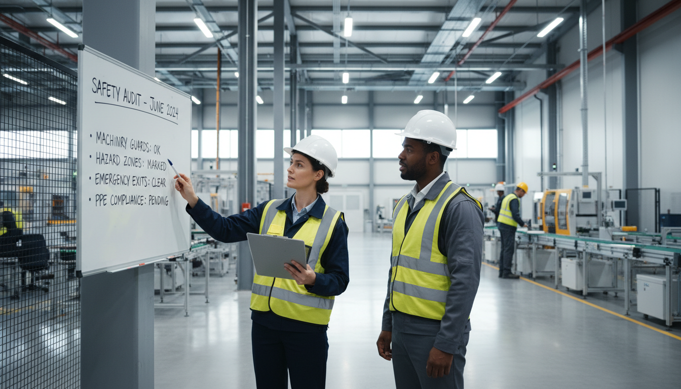 Effective workplace violence prevention starts with a thorough worksite hazard analysis. Safety consultant reviewing notes with a clipboard in a modern industrial facility.