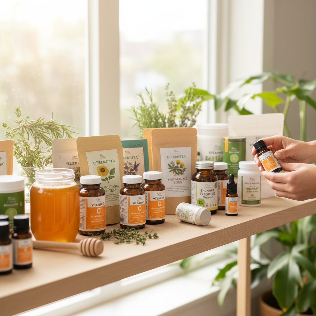Quality supplements support immune health and long-term vitality through every season. Bright display of immune support products and supplements on a light wood shelf with natural sunlight.