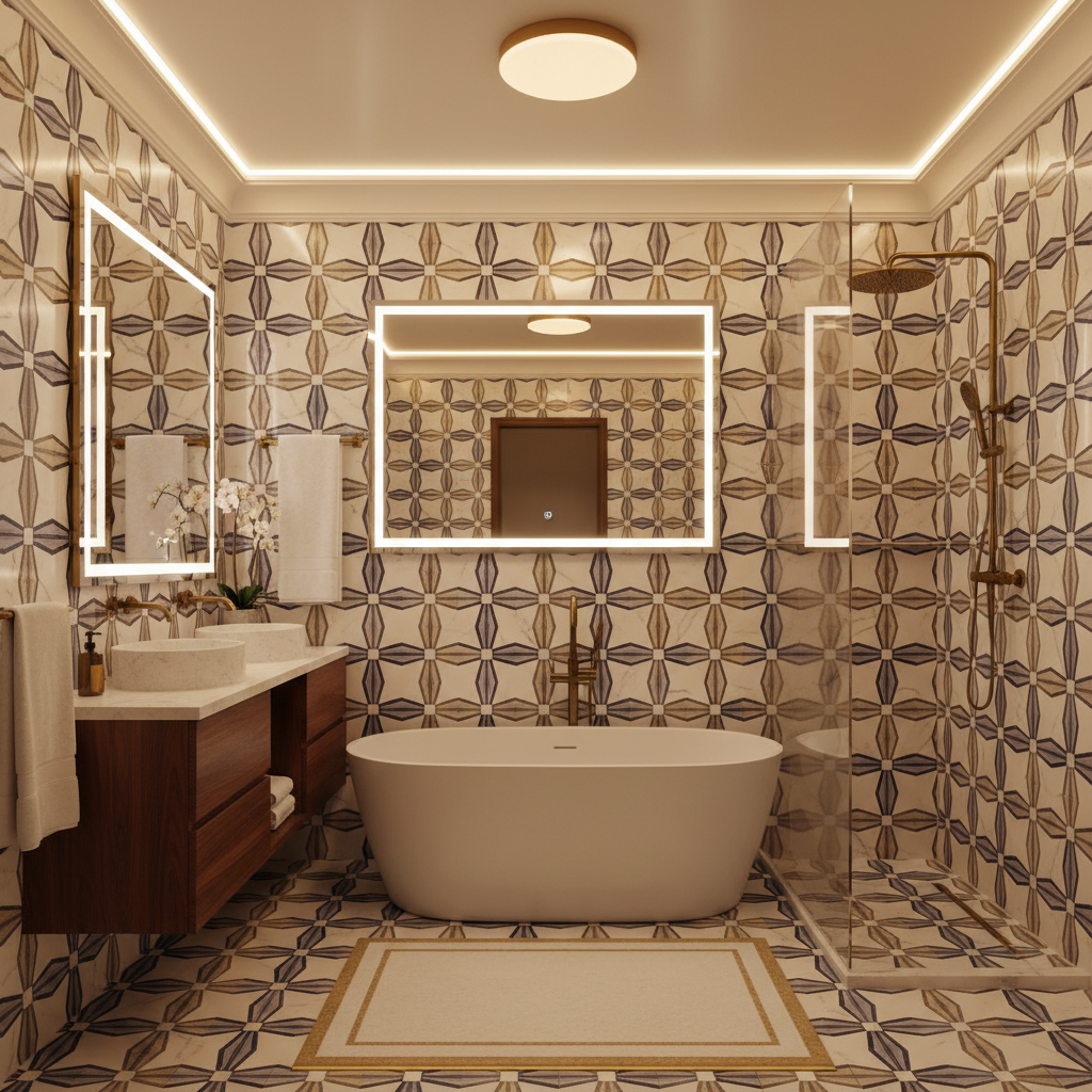 Full-height custom tile and frameless glass are the biggest labor cost drivers in any remodel. Luxury bathroom with custom tile work, contemporary fixtures, and warm professional lighting