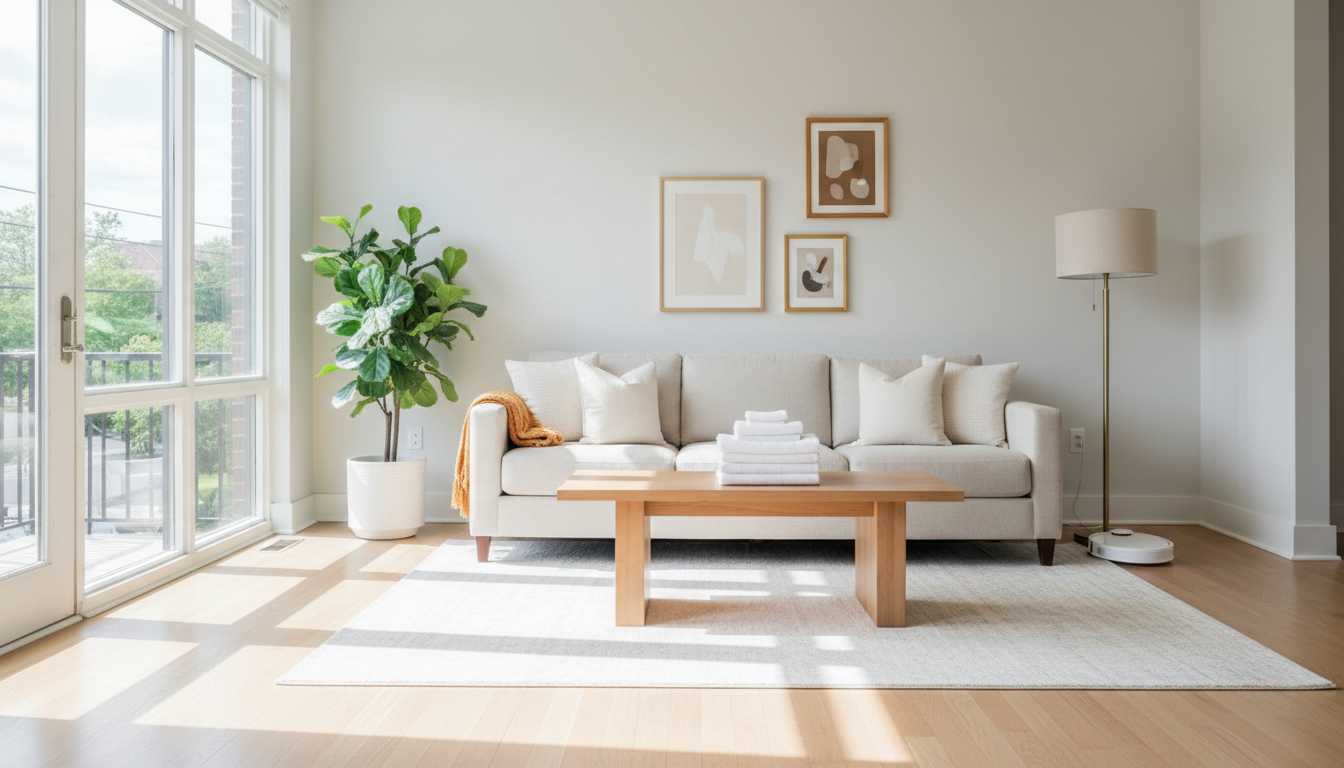 Fresh linens and cozy touches make your rental inviting for winter getaways. Neatly folded fresh white towels on a coffee table in a bright, modern Atlanta living room.