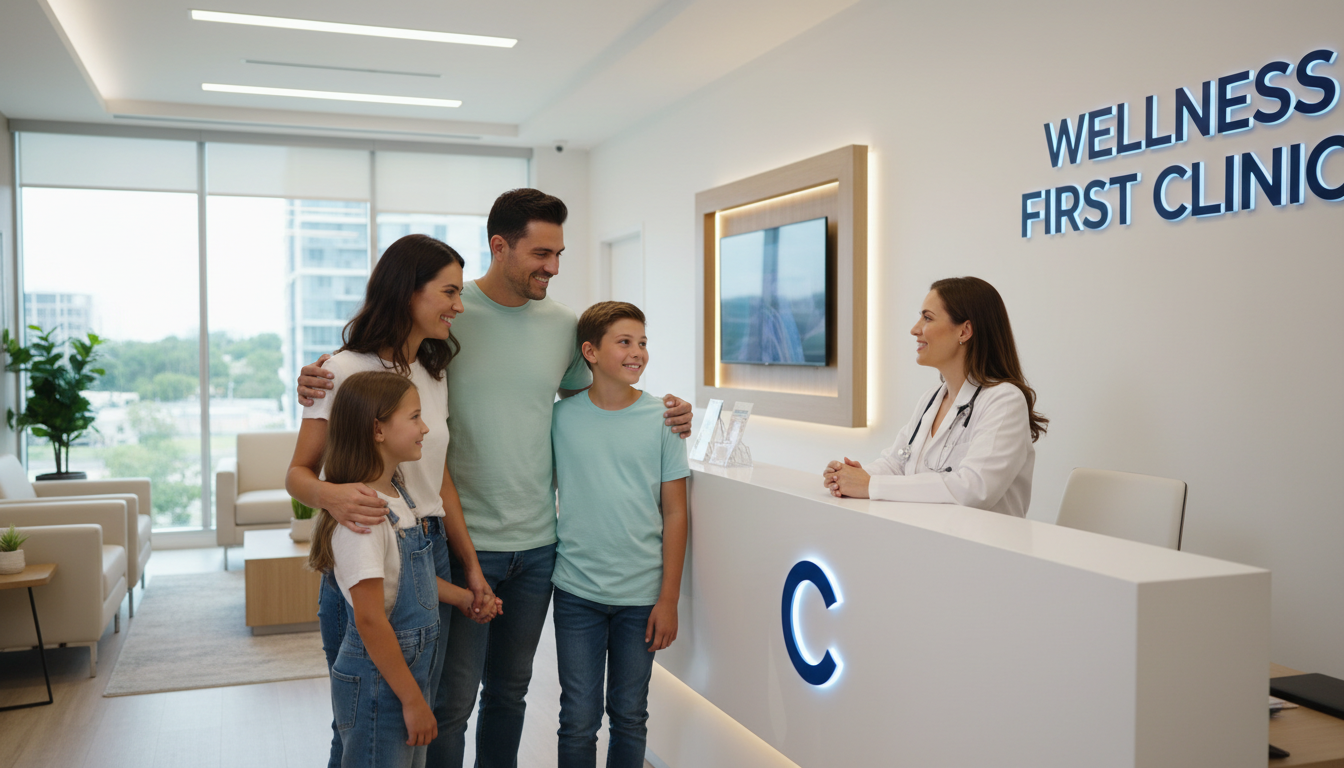 Special care must be taken to protect children and pregnant women from mosquito bites. A family consulting with a friendly doctor at a clinic desk to discuss preventive healthcare.
