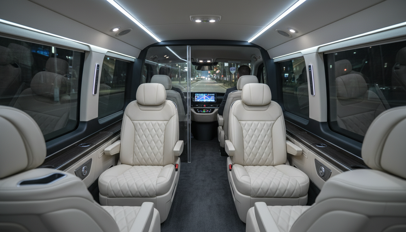A private, air-conditioned vehicle is your mobile sanctuary between busy sightseeing stops. Interior view of a modern private van with leather seats, used for comfortable day trips in Cairo.