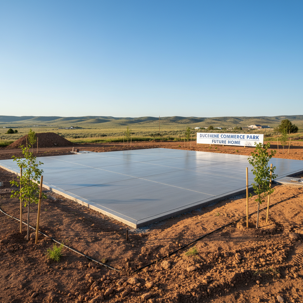Properly graded and finished foundations are the first line of defense against Utah's harsh climate. A wide shot of a completed exterior concrete foundation pad in the Duchesne, Utah landscape under bright sunlight.