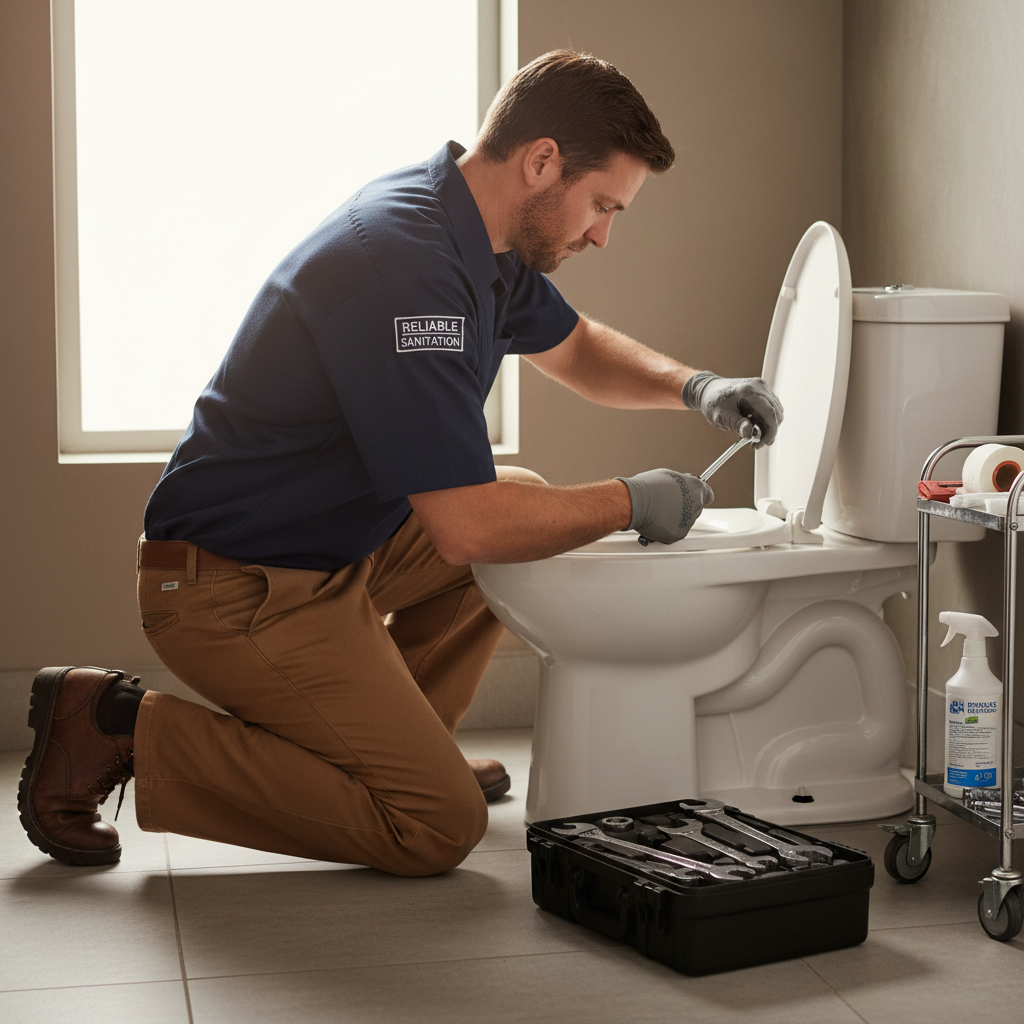 Regular maintenance by a professional technician ensures facilities remain clean and functional. A professional technician in work attire performing maintenance on a portable restroom unit.