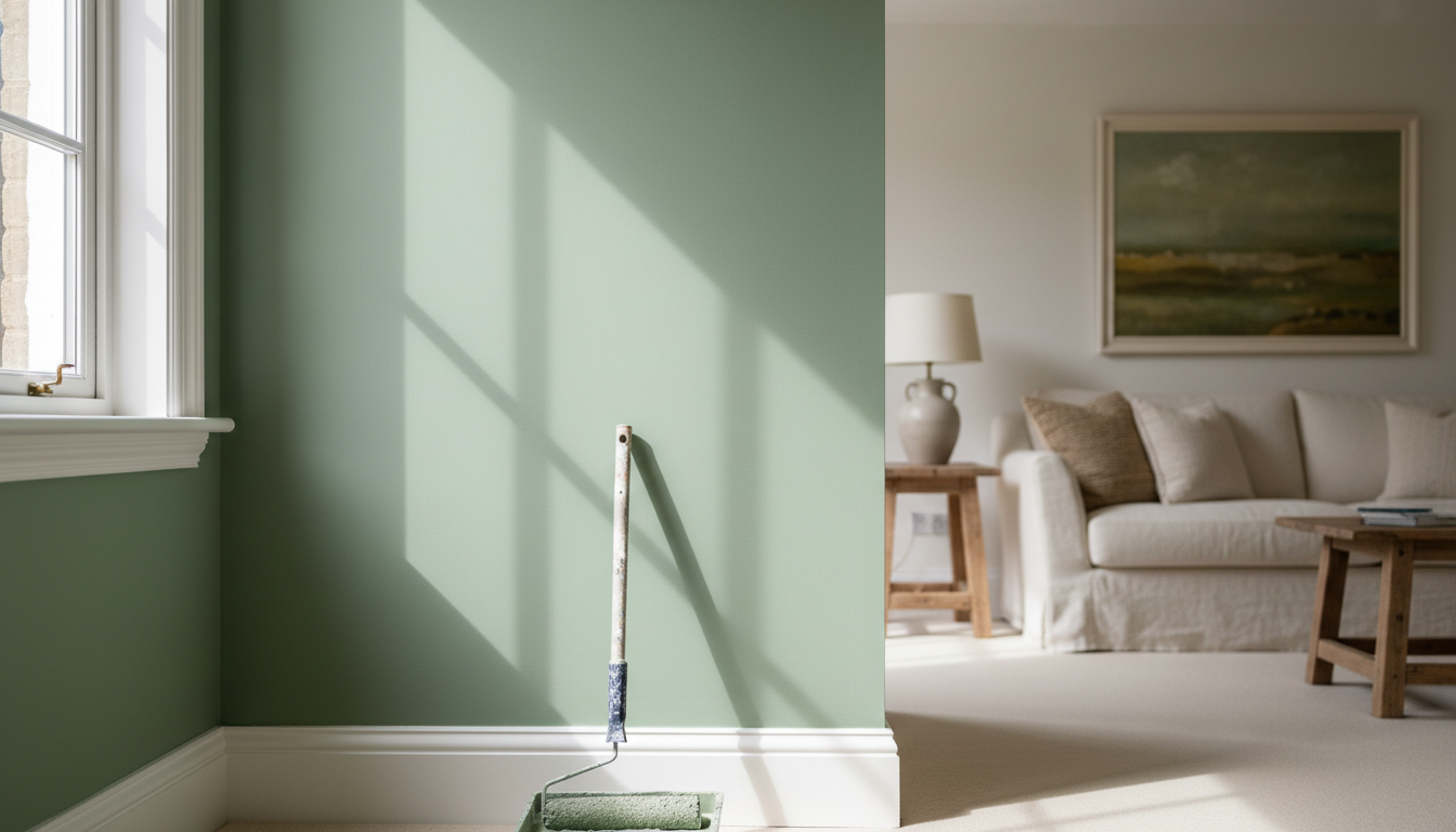Eco-friendly, low-VOC paints provide a stunning finish without compromising the wall's breathability. A freshly painted sage green wall in a Burnham Market home showing a smooth, breathable finish.