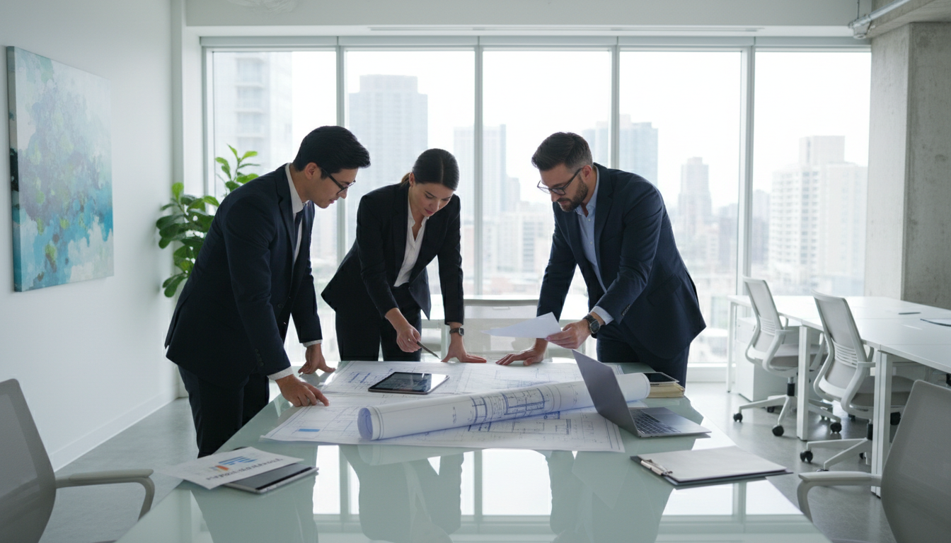 Early planning and blueprint review are essential steps in a successful pre-turn inspection strategy. Two business professionals in an office reviewing property blueprints and financial documents on a desk