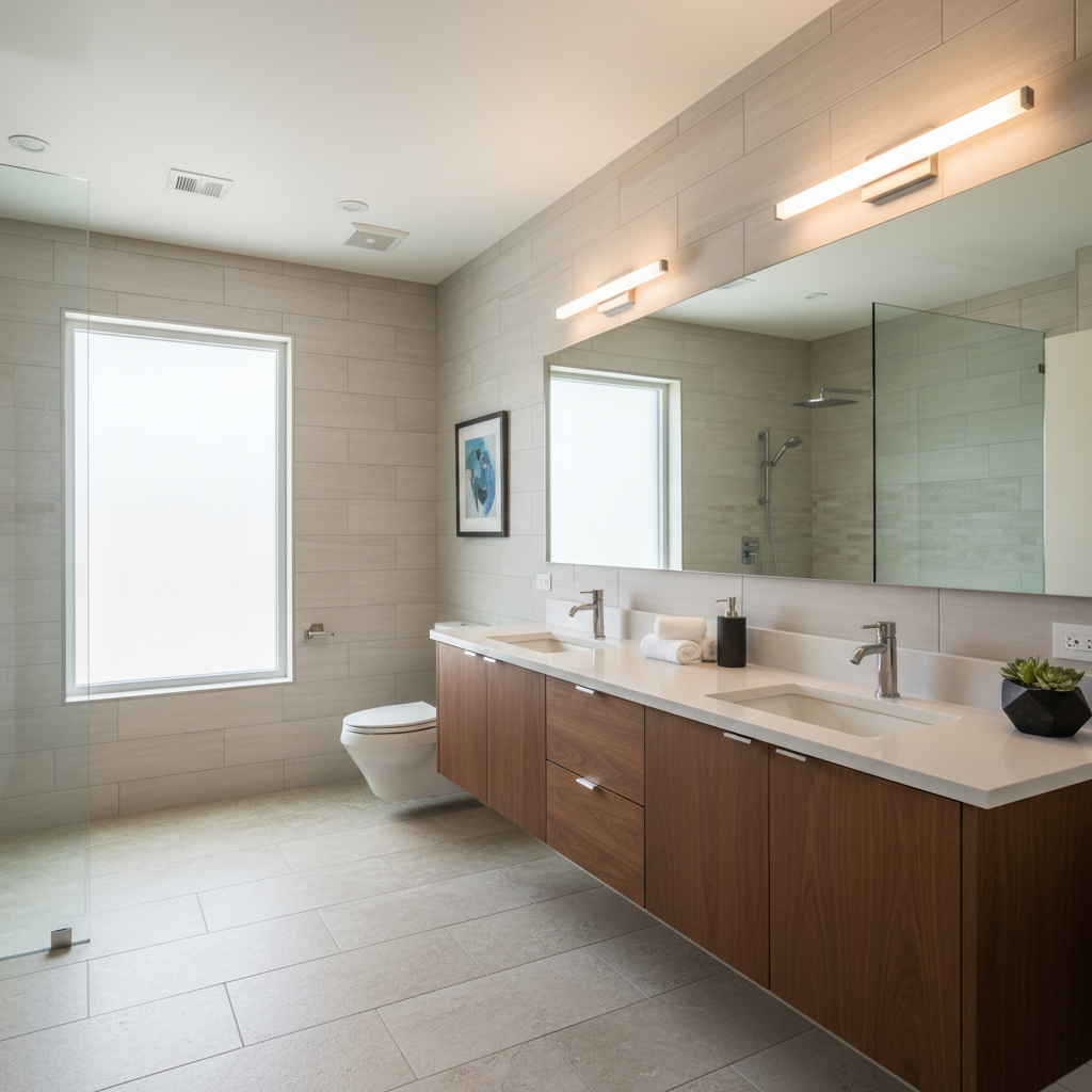 Adding a bathroom, like this custom remodel, significantly increases the ROI of your conversion. A high-end bathroom remodel with custom tile and vanity suitable for a garage-to-suite conversion.