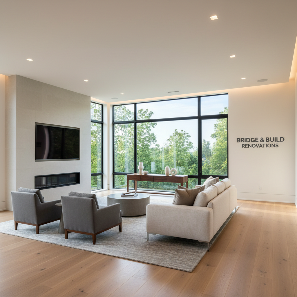 Warm, natural wood tones are replacing the gray flooring trends of previous years. Spacious living room featuring warm toned wood flooring and bright natural light from large windows