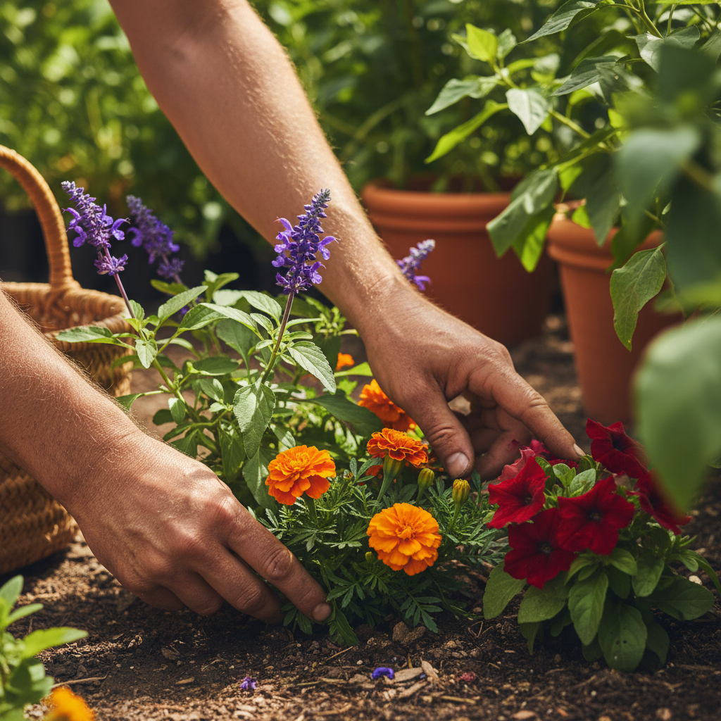 Selecting the right climate-adapted plants is key to a sustainable, high-value landscape. Close up of hands selecting vibrant flowering plants at a nursery for a water-wise project.