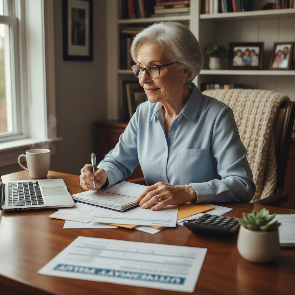 Planning ahead for final expenses provides peace of mind for the whole family. Senior woman sitting at a desk in a calm manner, reviewing her family's monthly budget and insurance bills.