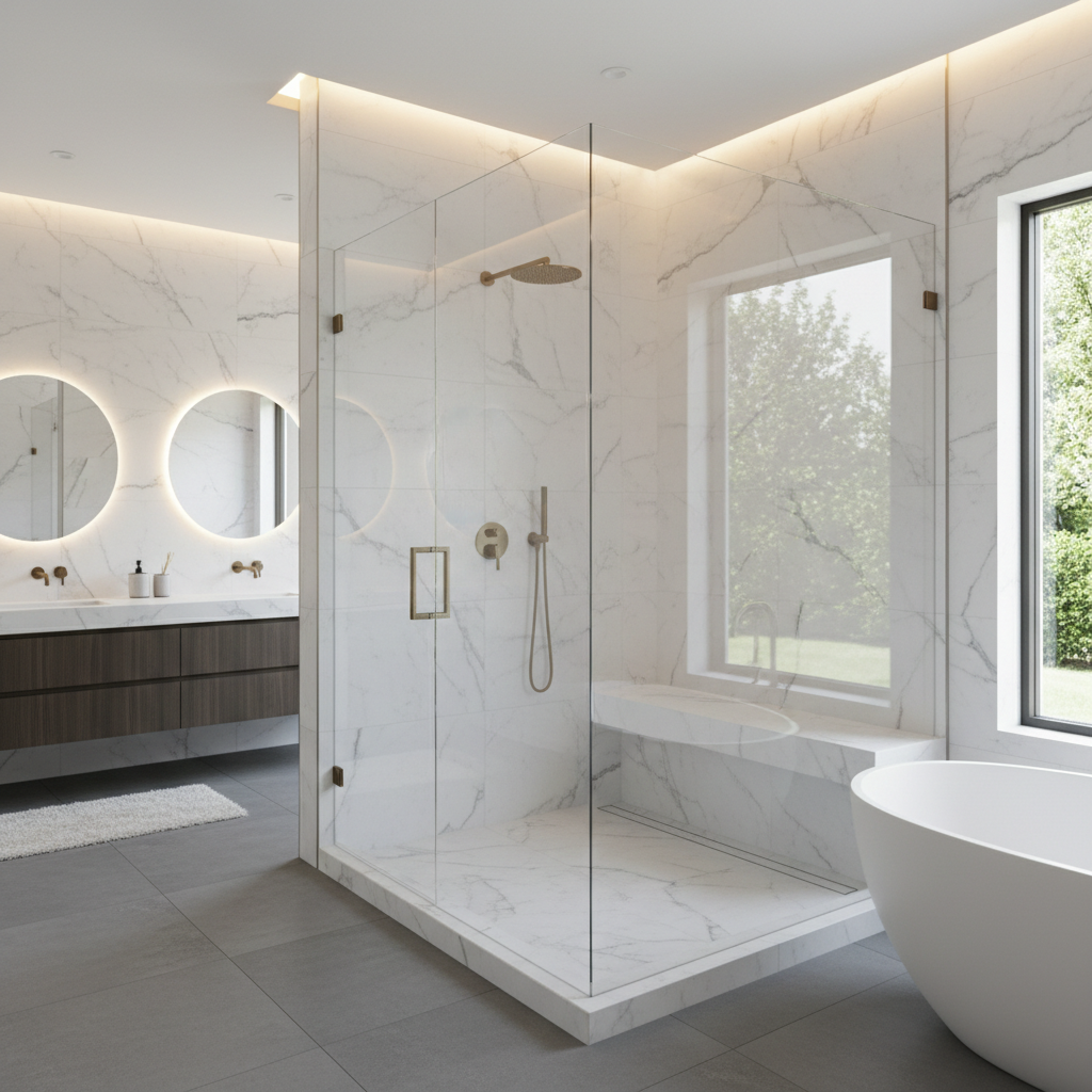 A frameless glass enclosure allows your custom tile work to take center stage. Luxury walk-in tile shower with a seamless glass enclosure showing off intricate gray and white tile work.