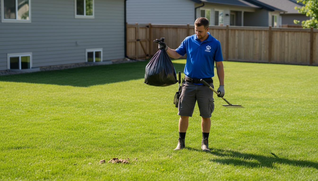 Removing waste promptly is the first step in preventing long-term soil contamination from parasites. A service professional in a green backyard carefully removing dog waste and placing it in a specialized collection bag.