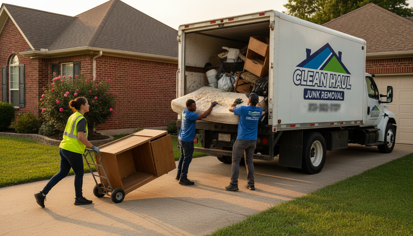 Professional loading ensures you get the most value out of every cubic foot of truck space. Workers carefully loading various residential items and furniture into the back of a junk hauling truck.