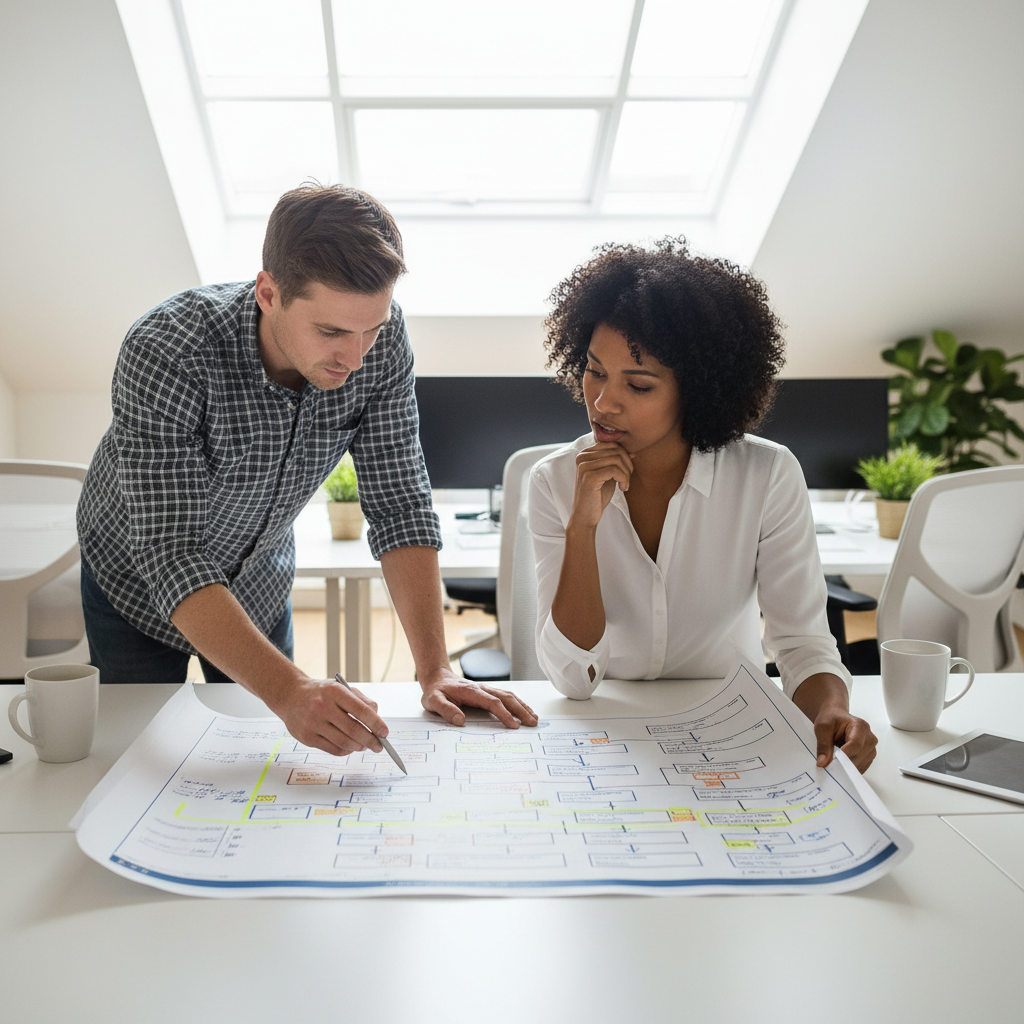A clear, documented process map is the first step toward effective operational delegation. Two office workers reviewing a printed process map at a shared desk in a focused, collaborative mood.