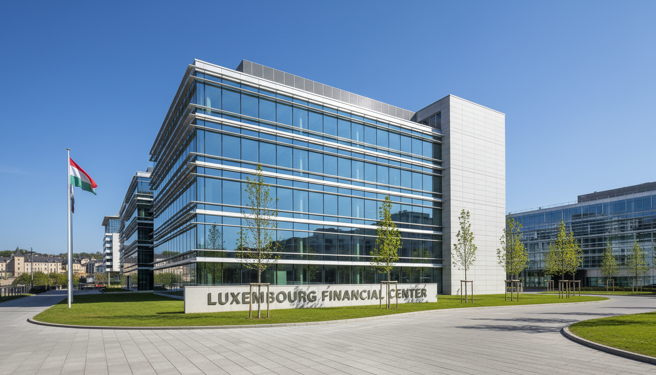 Luxembourg provides a stable, sophisticated base for international private capital advisory. Modern professional office building exterior in Luxembourg City under a clear blue sky.