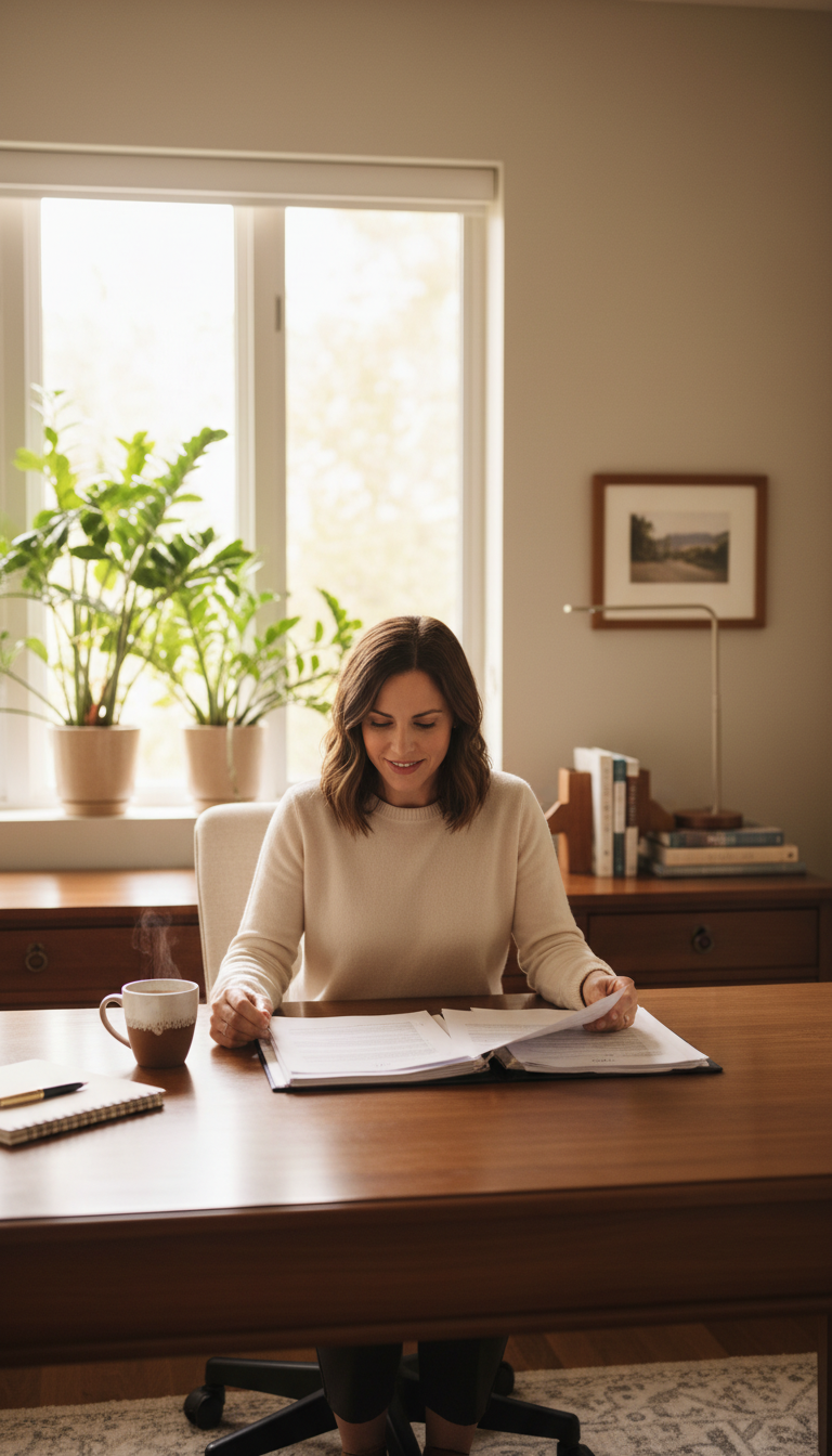 Shanley Insurance Agency brings personalized guidance to your home throughout Pickens, Easley, and Upstate SC. Insurance advisor reviewing policy documents at a home office desk during an in-home consultation in Upstate South Carolina