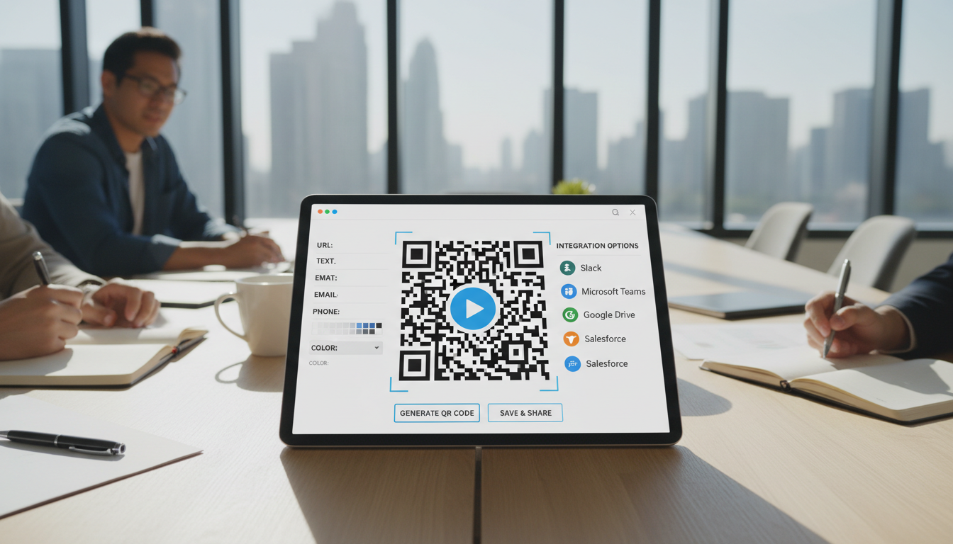Modern link infrastructure requires deep integration with existing enterprise software tools. A digital tablet displaying a QR code generator interface with various enterprise integration options visible on the screen.