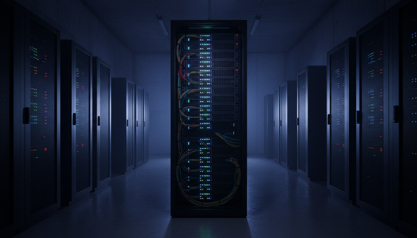 Professional recovery requires significant computational power and secure server environments. A professional server rack room in Bucharest with blue fiber optic cables and blinking indicator lights.