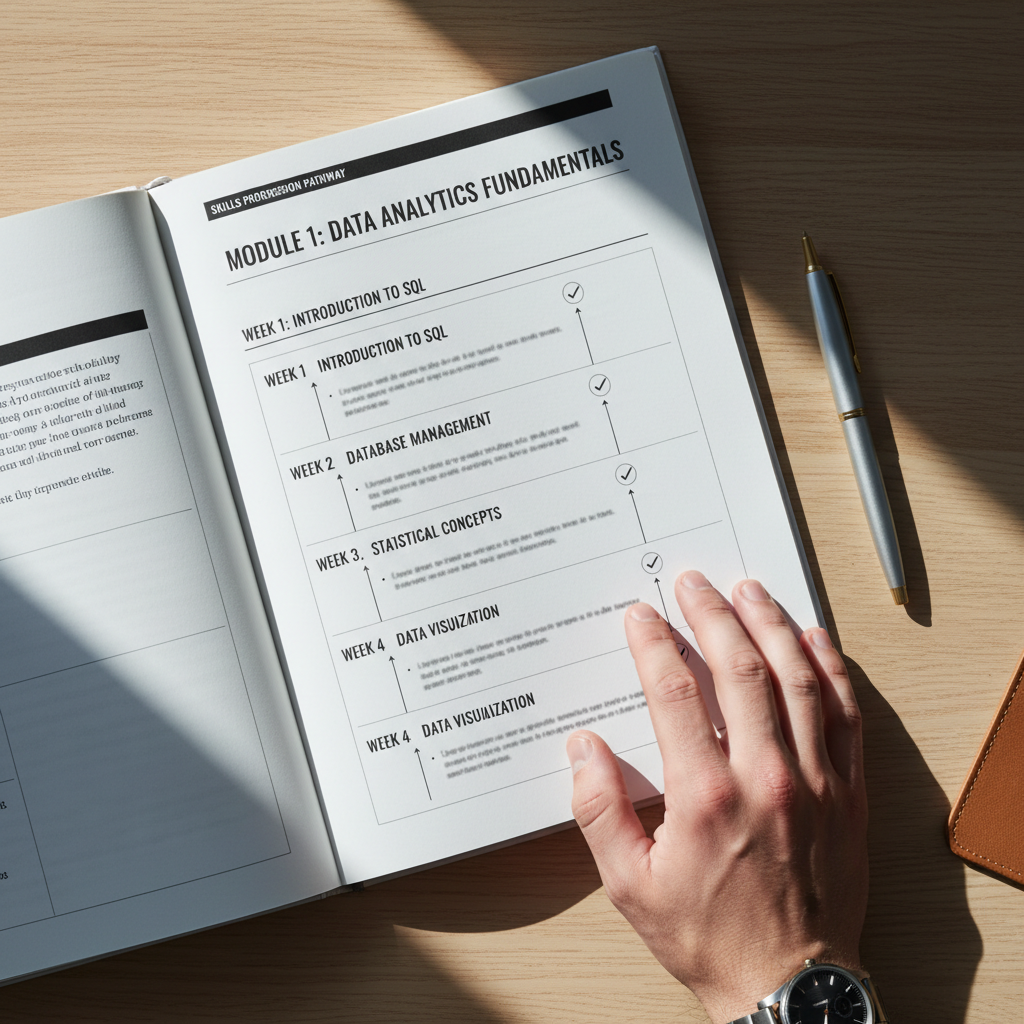 Structured learning paths give employees a clear vision of their future within your company. A structured training workbook with clear checkpoints laid out on a clean professional desk.
