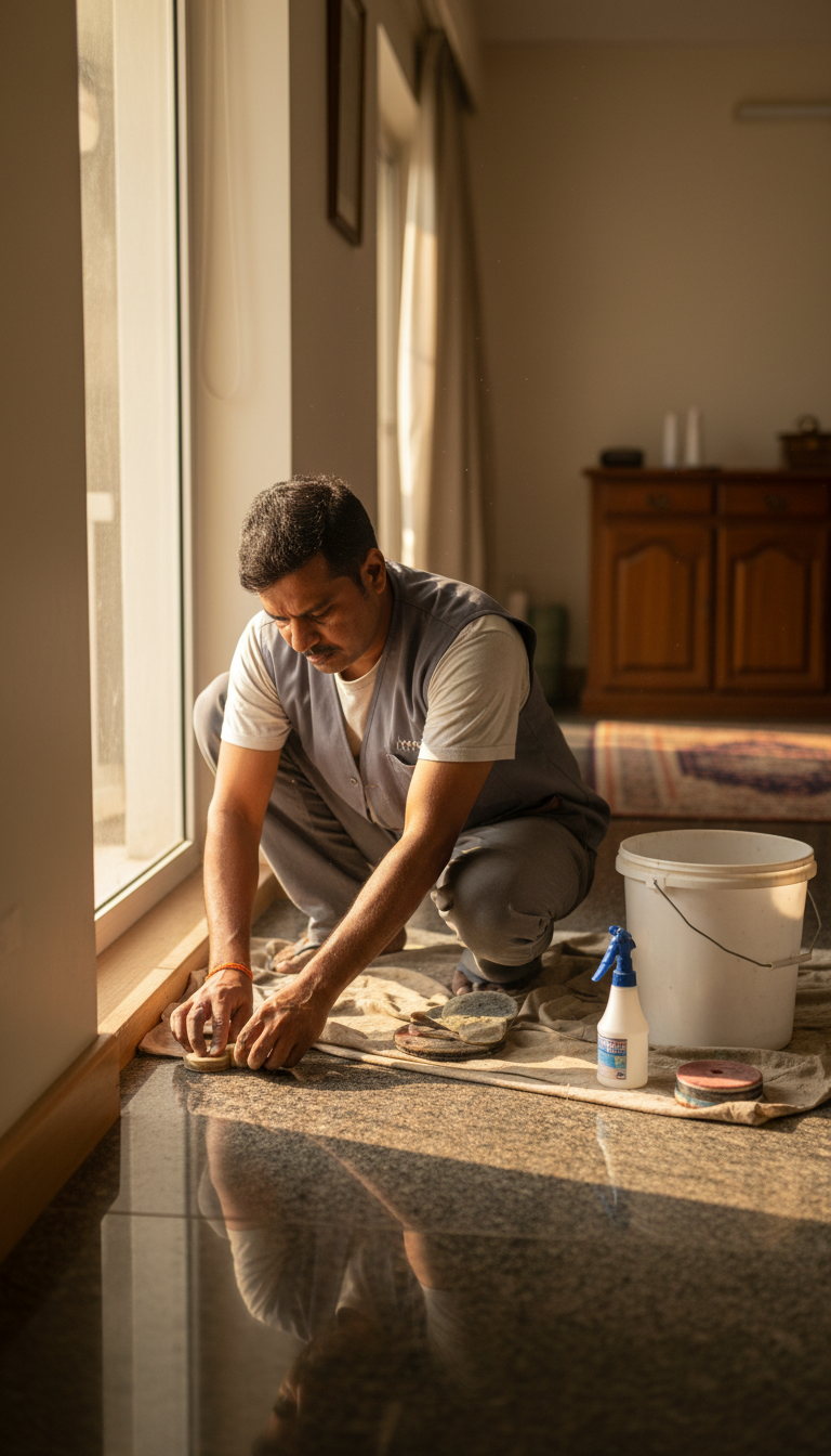 Professional maintenance and spot-checking can help extend the life of your floor's mirror finish. A stone restorer crouched beside a polished granite floor in a Bengaluru home, focusing on a spot near the baseboard.