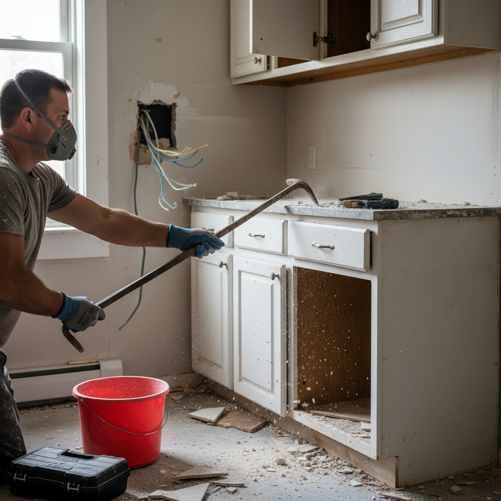 For demolition projects, send photos of the entire room to help us plan the tear-out process. A worker wearing protective gloves removing a kitchen cabinet with a crowbar during a remodel.