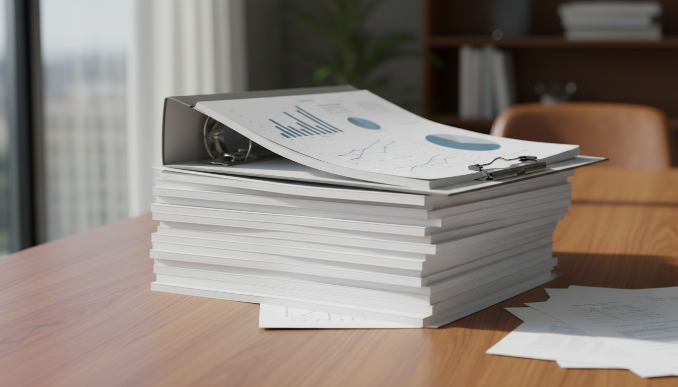 Professional documentation transforms anecdotes into credible evidence that wins over skeptical boards. A stack of professional research reports and data binders on a polished wooden table.