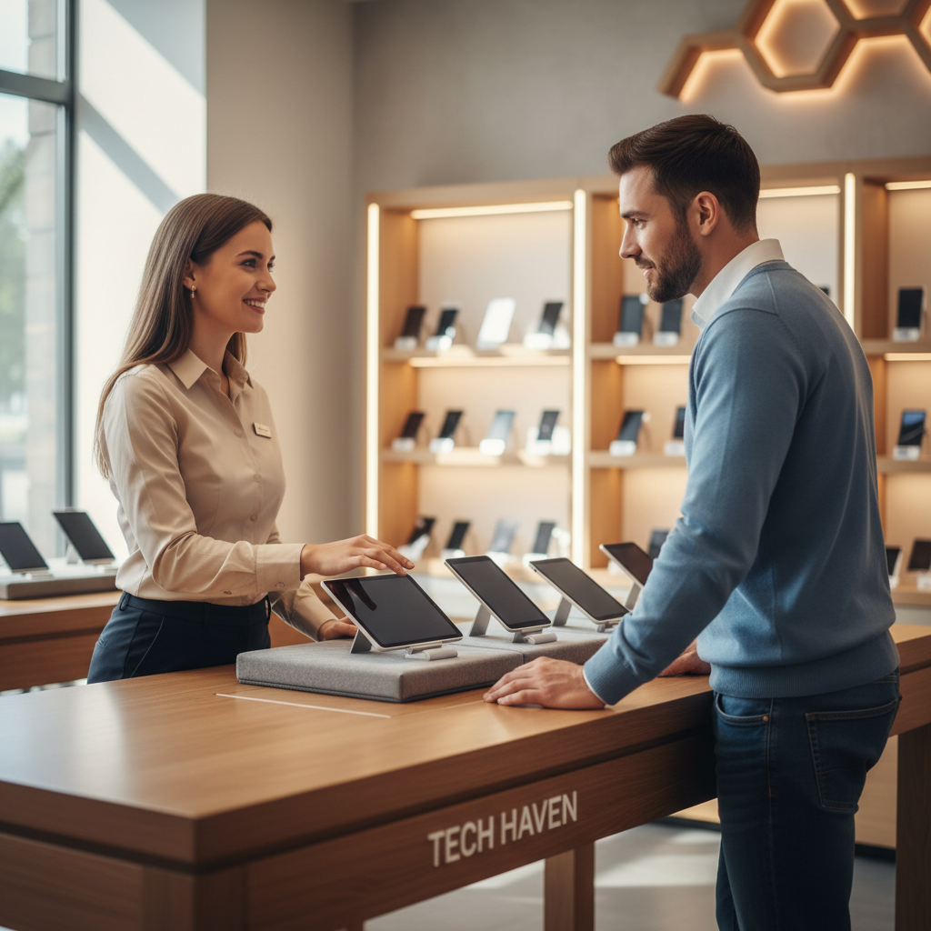 Local experts at Instante Voice help you compare all major carriers in one convenient location. A customer and store associate in Fillmore having a conversation over a smartphone display counter.
