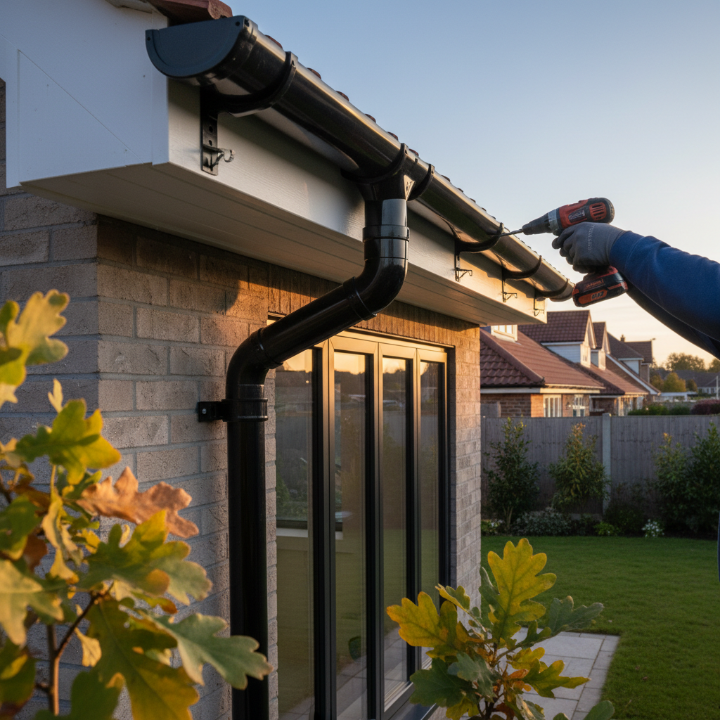 Guttering and fascia replacements are often quoted alongside new roofs for a complete system. Guttering system being installed against a white soffit on a home in Billericay.