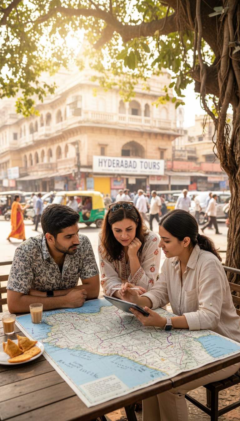 Consulting with a local Hyderabad travel expert can help you find hidden flight deals from RGIA. A travel planner in Hyderabad discussing flight routes and budget international itineraries with a couple.