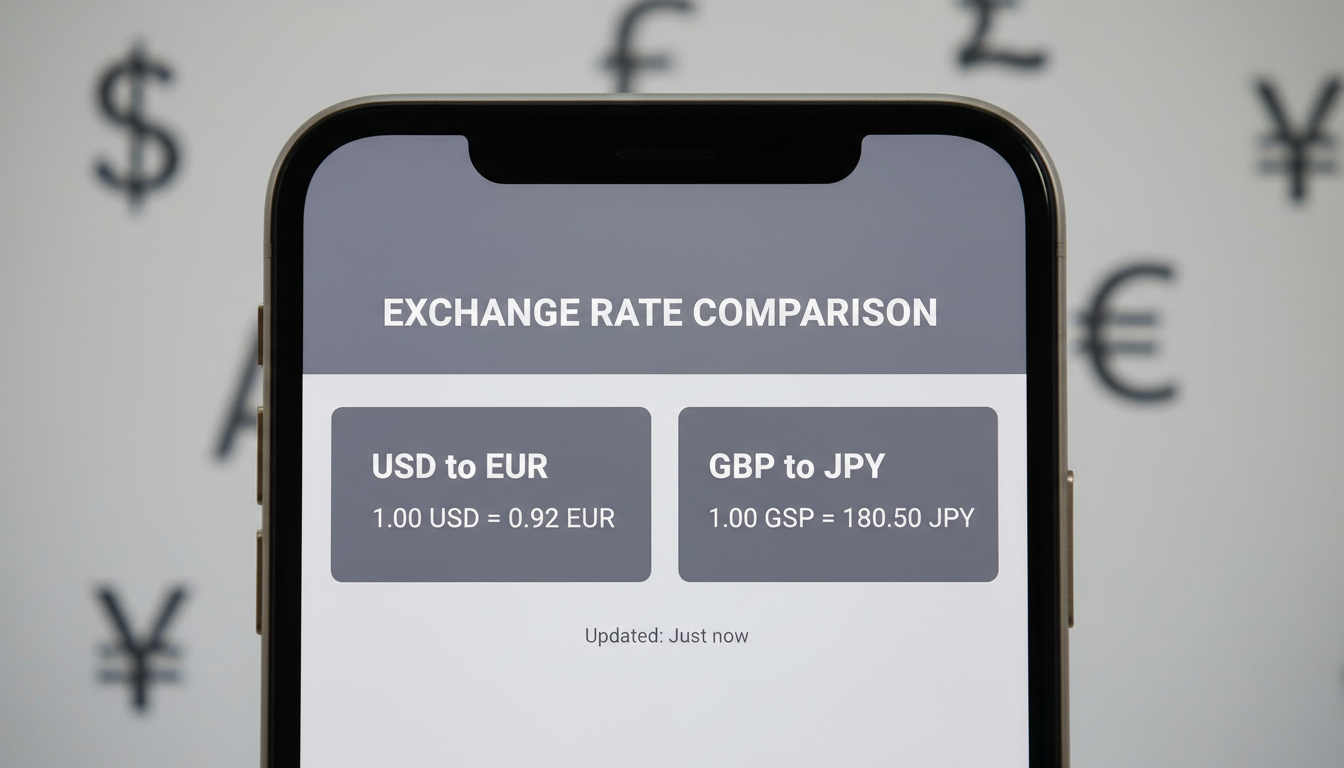 Exchange rates represent the real-time value of one currency against another in the global market. A smartphone screen displaying a currency exchange rate comparison with blurred currency symbols in the background.