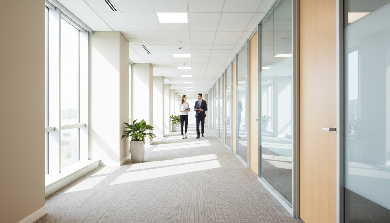 Professional carpet care and regular vacuuming are key components of square-footage based pricing. Wide shot of a clean commercial office hallway with freshly vacuumed carpet and bright natural light.