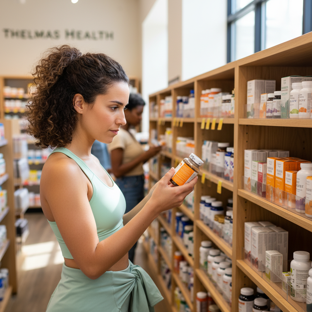 Our team at Thelmas Health can help you navigate labels to find the right omega-3 for your goals. A customer browsing vitamins and supplements at Thelmas Health in Nephi, examining product labels.