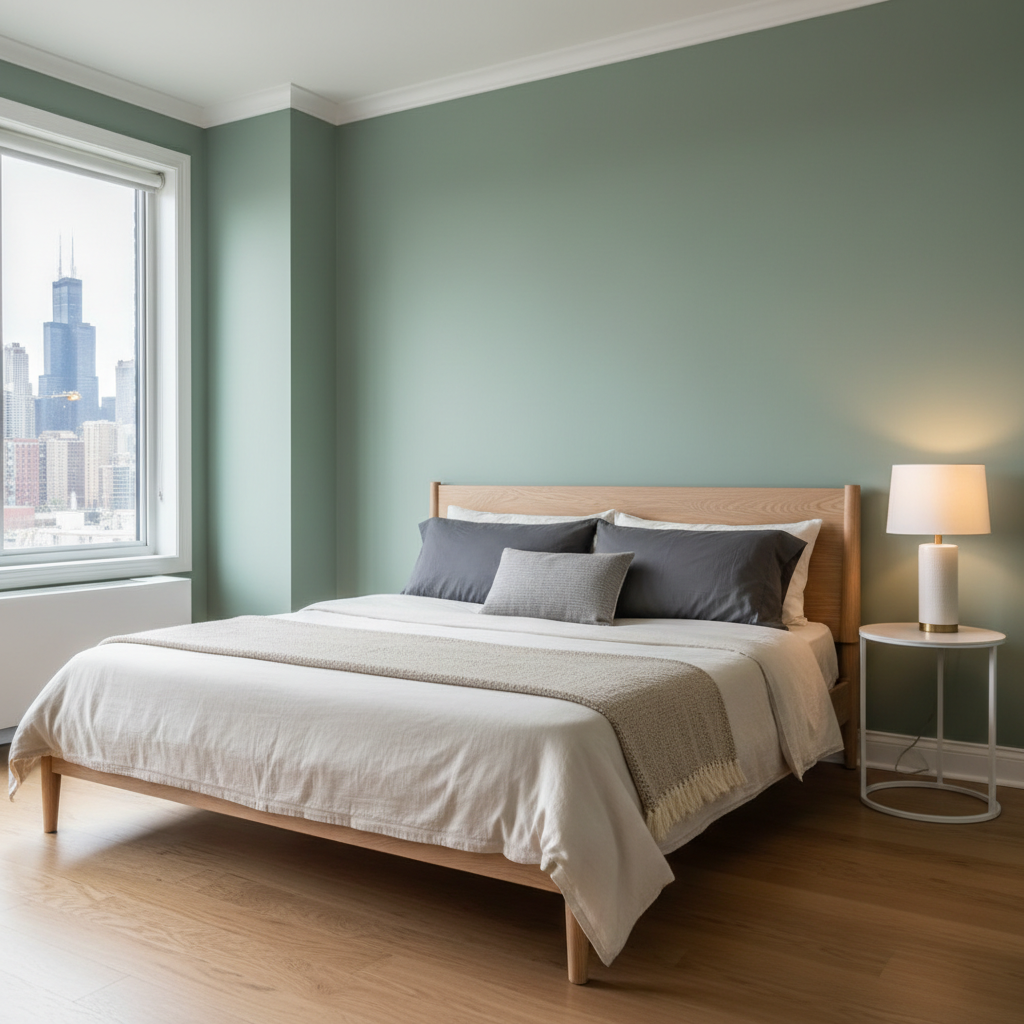 Sage green is a top performer for increasing home value in bathrooms and bedrooms. Sage green painted bedroom walls with clean white trim, reflecting a high-value interior design choice.