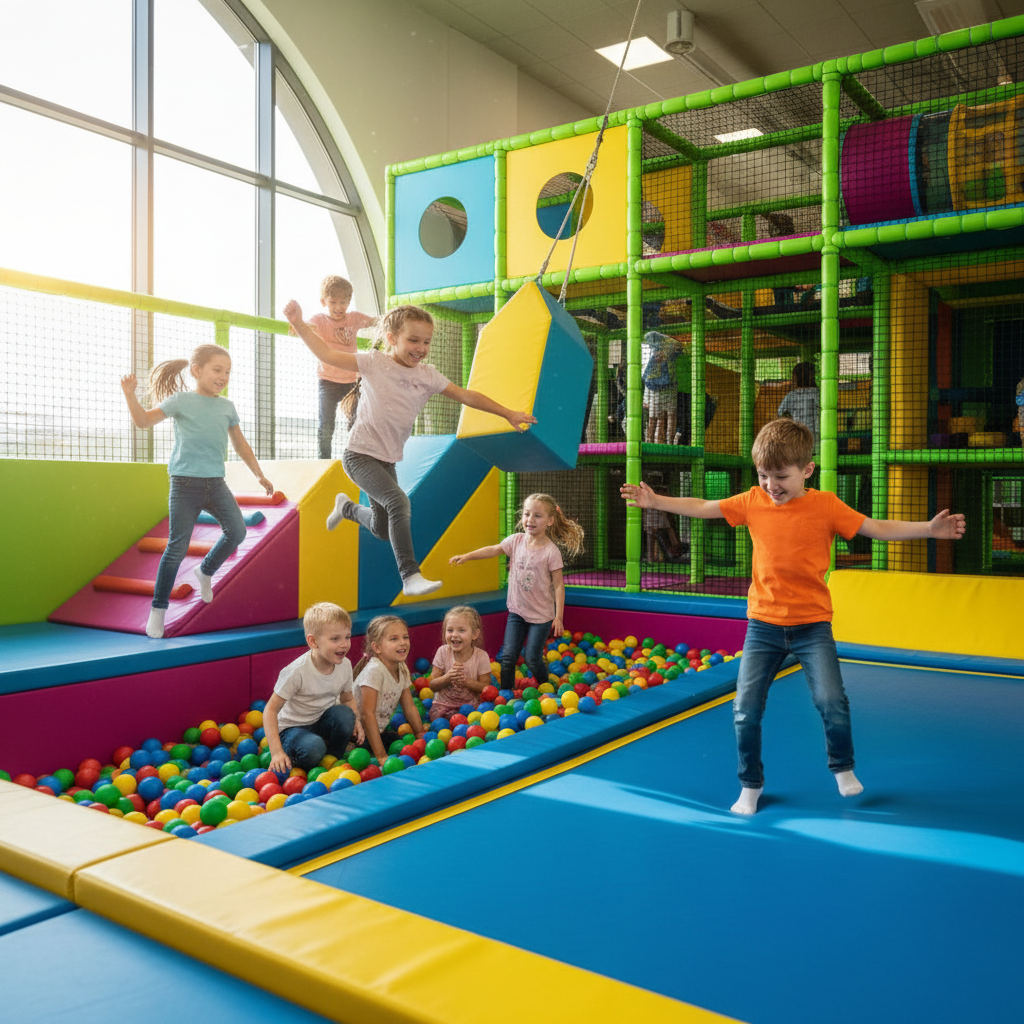Indoor playgrounds provide a cool, safe alternative to outdoor parks during the hot Florida months. Energetic children running and jumping through a bright, climate-controlled indoor playground.