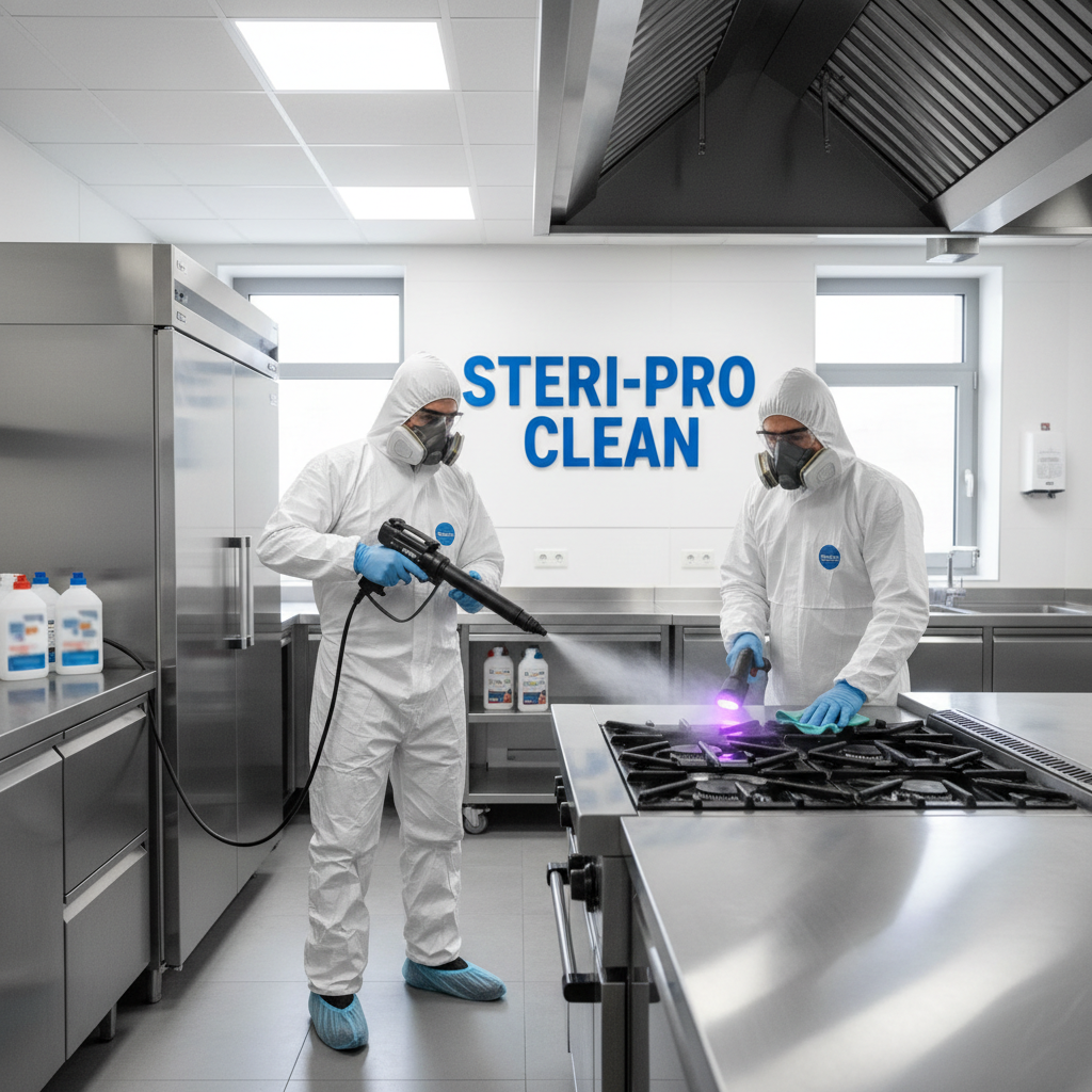 Professional disinfection of high-touch points is the first line of defense against office illness. A professional technician disinfecting high-touch surfaces in a modern office kitchen area to prevent virus spread.