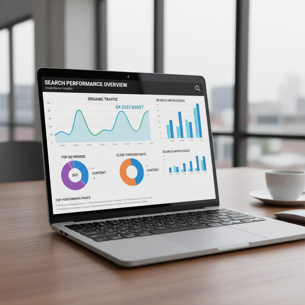 The true value of an AI website is measured by its performance and ROI, not just the initial cost. A laptop screen displaying an analytics dashboard with search engine results and traffic graphs.