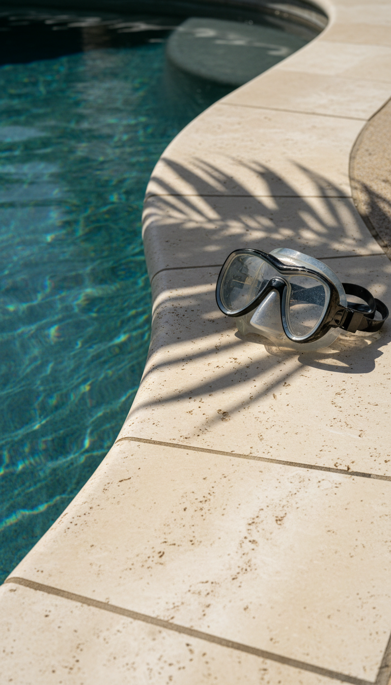 Precision coping and base work ensure your pavers stay level even in sandy desert soil. Close up of travertine pool coping showing the precision and depth required for a stable installation.
